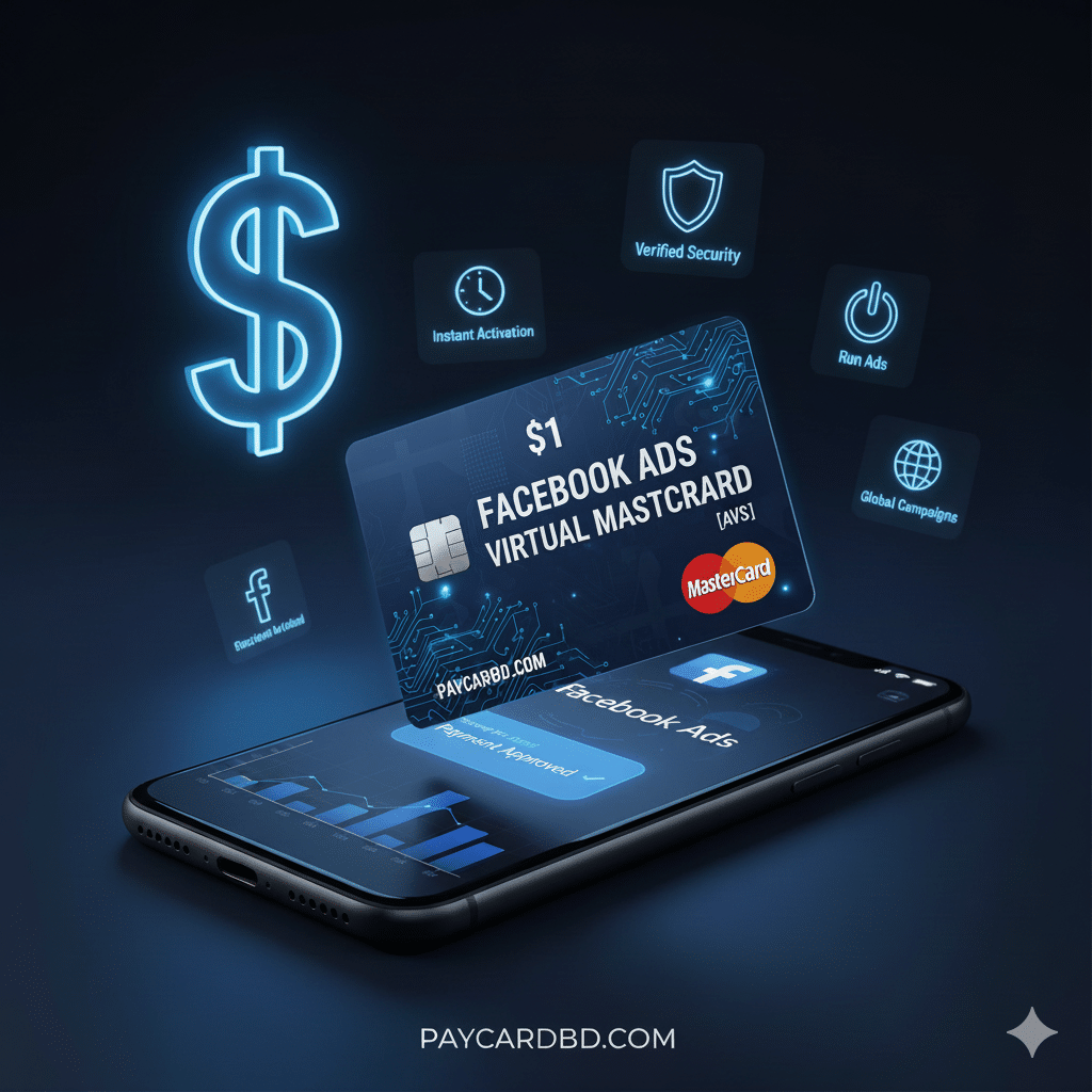 Facebook Ads Virtual MasterCard from Paycardbd.com displayed on a smartphone, indicating instant activation, secure payments, and global ad campaign support.