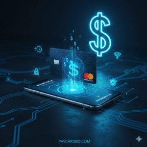 Reload your MasterCard instantly. Digital graphic showing funds being added to a virtual MasterCard via a smartphone with symbols for speed, security, and online payment.